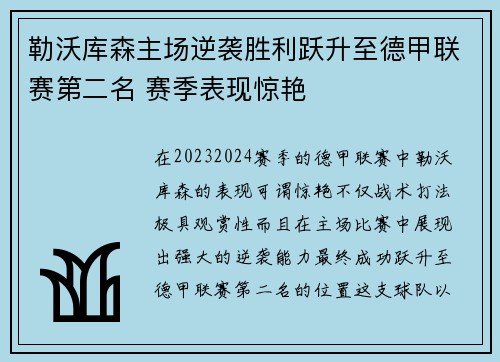 勒沃库森主场逆袭胜利跃升至德甲联赛第二名 赛季表现惊艳