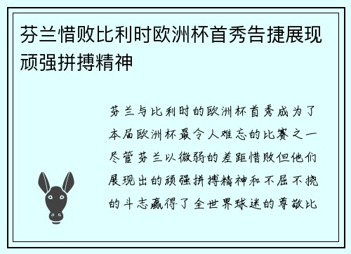 芬兰惜败比利时欧洲杯首秀告捷展现顽强拼搏精神