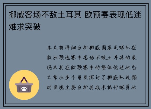 挪威客场不敌土耳其 欧预赛表现低迷难求突破