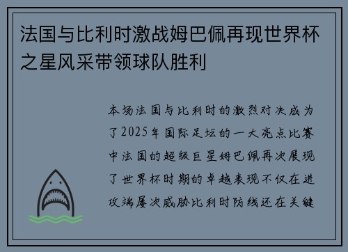 法国与比利时激战姆巴佩再现世界杯之星风采带领球队胜利
