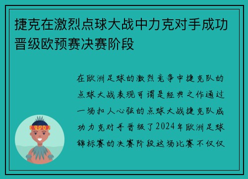 捷克在激烈点球大战中力克对手成功晋级欧预赛决赛阶段