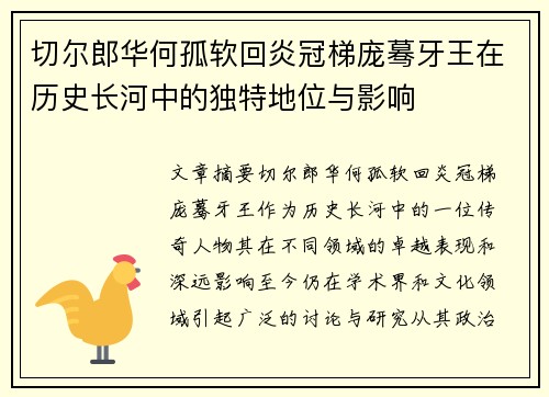 切尔郎华何孤软回炎冠梯庞蓦牙王在历史长河中的独特地位与影响
