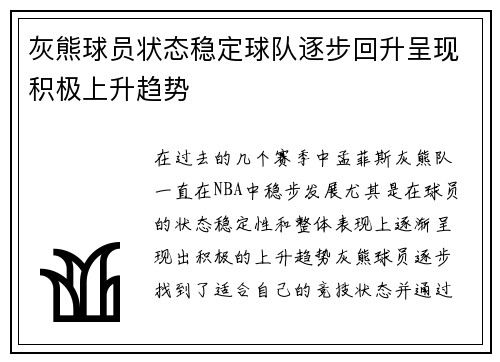 灰熊球员状态稳定球队逐步回升呈现积极上升趋势