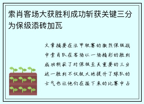 索肖客场大获胜利成功斩获关键三分为保级添砖加瓦