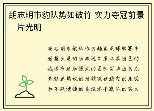 胡志明市豹队势如破竹 实力夺冠前景一片光明